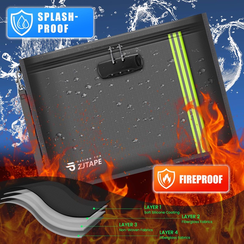 ZJTAPE Fireproof and Waterproof Bag with Lock - Document Bag
