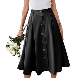 HERBATOMIA Pleated Midi Black Skirt High Elastic Waist A-line Casual Flared Button Front Long Skirts with Pocket for Women