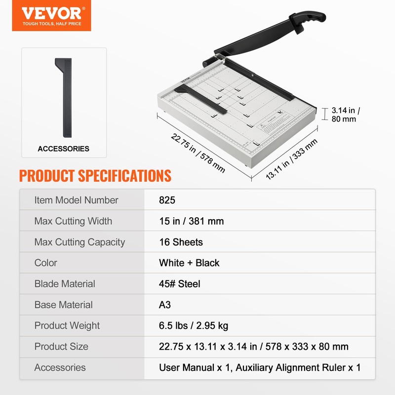 VEVOR Paper Cutter, Guillotine Trimmer, 15" Cut Length, 16 Sheets