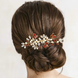 BETITETO Pearl Crystal Hair Comb Bridal Rhinestone Gold Vine Hair Piece Accessories for Wedding Women (Red-2)