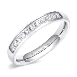 Monkton 3.5mm Women Half Eternity Bands Cubic Zirconia Promise Ring Stainless Steel Wedding Band Size 3-12.5, Silver, Size 5.5