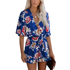 Relipop - Mameluco de verano para mujer, estampado floral, cuello en V, acampanado, media manga, elástico, con lazo en la cintura, con volantes, overoles casuales, Azul/claro, Small
