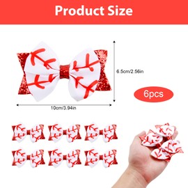 6 Pack Baseball Bows for Girl, Glitter Softball Hair Bows, Red Cheerleading Hair Clips with Alligator Clips, Baseball Hair Accessories for Girls, Sports Theme Hair Barrettes