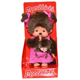 Sekiguchi 236200 Original Monchhichi Mother with Baby, Plush Toy with Pink Dress and Bow in Hair, Approx. 20 cm Large Cuddly Toy Made of Brown Plush