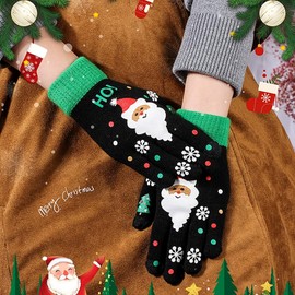 Christmas Magic Stretch Gloves, Kids Knit Full Finger Gloves Winter Gloves Santa Christmas Winter Knit Gloves Colorful Warm Children Mitten, Perfect Winter and Christmas(Santa, Black-A)