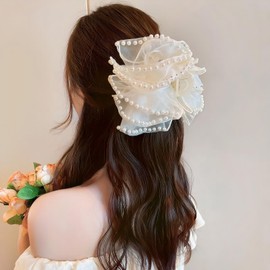 Rannyrena Large Bow Chiffon Silk Hair Clips for Women Pearl Mesh Bubble Hair Barrettes for Thick Thin Hair Elegant Feather Claw Clips Hair Accessories (Organze Pearl White)