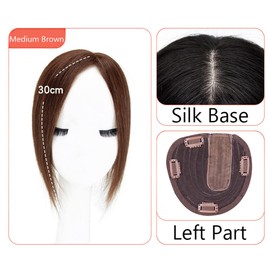 Straight Silk Base Human Hair Topper One Piece Side Part Crown Closure With Clips (30cm/Left Part Medium Brown)