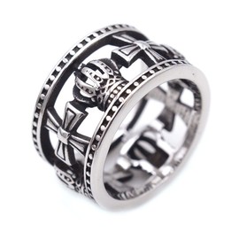 LAFATINA Men's Cross Crown Prayer Band Rings Stainless Steel Royal King Queen Wedding Ring, Stainless Steel