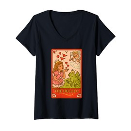 Womens The Delulu Tarot Princess Frog Red Flags Design V-Neck T-Shirt
