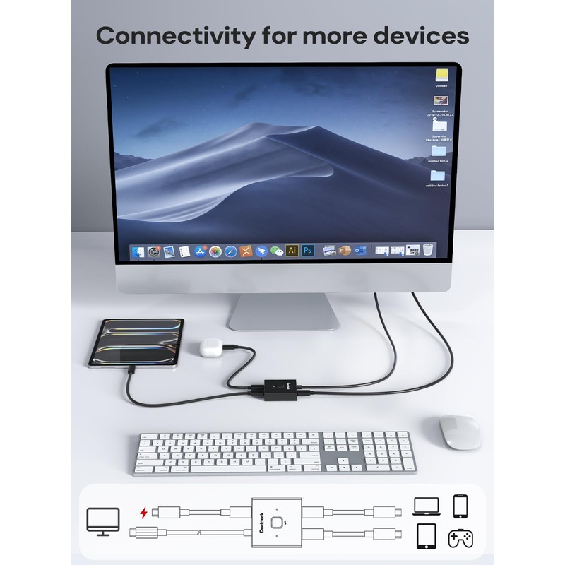 Dockteck USB C Switch, Bi-Directional Switcher 1 in 2 Out/2