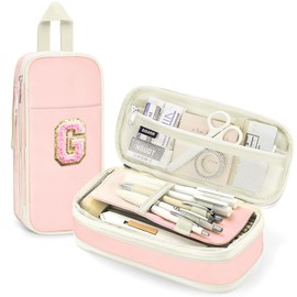 Preppy Pencil Case for Girls, Large Initial Pencil Pouch for School Supplies, Portable Pink Pencil Bag with Zipper, Cute Aesthetic Pencil Box, Compartments Stationary Organizer for Kids Teens Adults