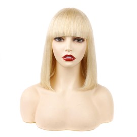 Huarisi 10 Inch Bonde Straight Human Hair Bob Wigs with Bangs 613 Short Bob Wig with Fringe None Lace Blonde Brazilian Bob Straight Wigs Human Hair for Women
