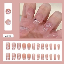 Vopintpy Glitter Cat Eye French Tip Press on Nails Star Rhinestones Fake Nails with Design Medium Square Acrylic Glue on Nails Mirror Reusable Stick on Nails for Women DIY Charm Manicure