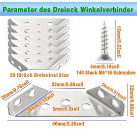 Pack of 20 Corner Connectors Stainless Steel Corner Brackets 60 x 30 mm Triangle Shape Corner Bracket Angle Furniture Connector for Cabinet Table Chair
