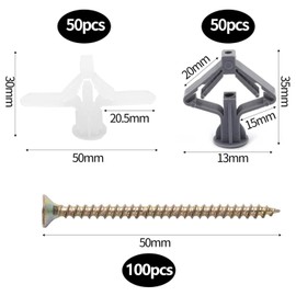 ANBOO Set of 100 Plasterboard Dowels, Cavity Dowels with Screws, Cavity Dowels Butterfly, Robust Dowel Set with Screws for Plasterboard, Drywall Anchors for Plasterboard Mounting
