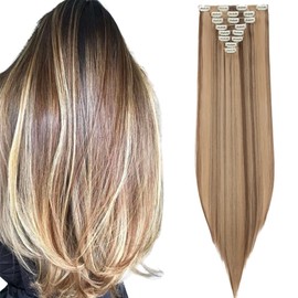 26" Long Straight Clip in Hair Extensions Full Head 8Pcs 18Clips Ombre Colorful Synthetic Hair Clip in Hairpiece Golden Brown mix Dark Blonde