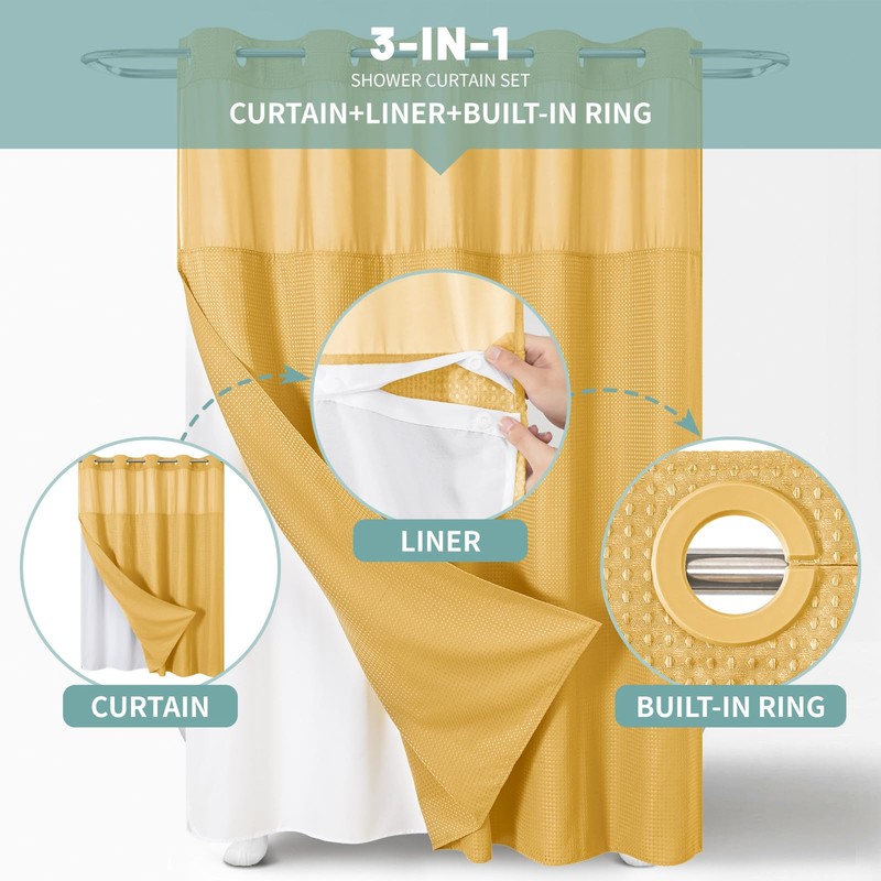 eachope Gold No Hook Waffle Weave Shower Curtain with snap-in