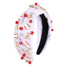 Baseball Headband for Women Game Day Baseball Hair Accessory Beaded Crystal Pearl Knotted Headbands Baseball Charms Bejeweled Embellished Headband Wide Top Knot Sport Headband Baseball Fan Gifts