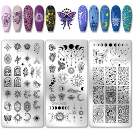 PH PandaHall 3pcs Mond Sonne Nagel Stamping Plates, Starlight Nail Art Schablonen Astrolabium Nail Art Schablone Nagelbild-Plattenfür Frauen Nageldesign Druck Maniküre Salon Eid Mubarak