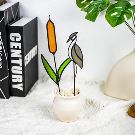 EPOGIFTS Egret Decor Stained Glass Plant Stake Suncatcher,Cattail Stained Glass Insert in Pots Decor,Egret Gifts for Women,Best Gifts for Teacher,Birthday Gifts,Housewarming Gifts