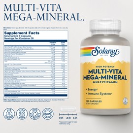SOLARAY Multi-Vita Mega-Mineral Multivitamin for Women and Men with Vitamin D, Vitamin C, Magnesium, Zinc and More - Energy and Immune System Support - 60-Day Guarantee - 30 Servings, 120 Capsules