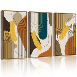 PHOPAGO Boho Abstract Framed Wall Art Large 16x24in Mid-Century Modern Bohemain Minimalist Luxury Gold Line Artwork Home Office Living Room Decor - Natural Framed