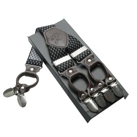 Kangdai Men's Braces, 6 clips, heavy duty, Y back, 10 colours, durable elastic adjustable braces, strong metal clips. - Mr. Black