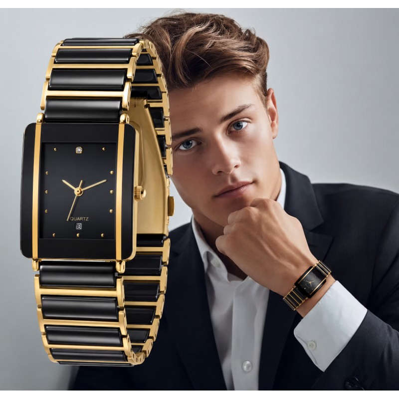 XV12 Rectangular Ceramic Quartz Watch – Black & Gold Date