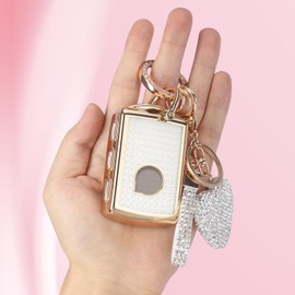 Meruns Compatible with Volvo Key fob Cover with Diamond Bling Keychain, Car Accessories Key Holder Shell for XC40 XC60 XC90 S90 V90 2021 2022 Smart Key, Gold Clear