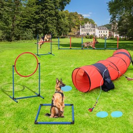 YITAHOME Dog Agility Training Equipment Set with Flexible Tunnel, Hurdle, Jump Ring, 6 Weave Poles, Pause Platform, Teaser Pole, 3 Flying Discs, and Carry Bags for Indoors Outdoors, Orange/Blue