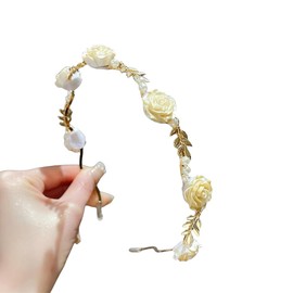 Pearl Rose Flower Headband Vintage Artificial Pearl Hair Hoop Floral Hair Band Headpiece Thin Brim Hair Hoop Hair Accessories for Women Girls(White)