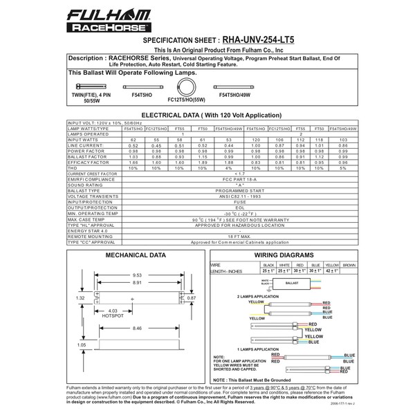Fulham Lighting Fulham Racehorse Linear Ballast for T5HO, RHA-UNV-254-LT5 ,