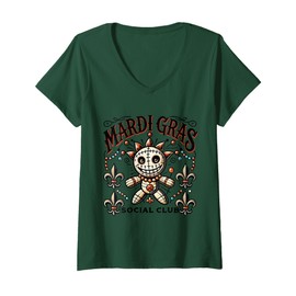 Womens Mardi Gras Voodoo Doll Social Club Fun Festive Vibes V-Neck T-Shirt