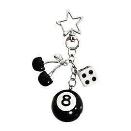 FloralGrace 1 Piece Black Lucky Dice Keyring, 8 Ball Keychain, Cherry Bag Pendant with Star for Men and Women, Cute Y2K Accessory