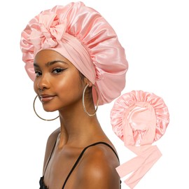 Extra Large Satin Bonnet for Sleeping Jumbo Silk Bonnet Double Layer Hair Bonnet for Women with Elastic Tie Band Sleep Bonnet Hair Wrap for Braids Curly Hair(Apricot Powder+Champagne)