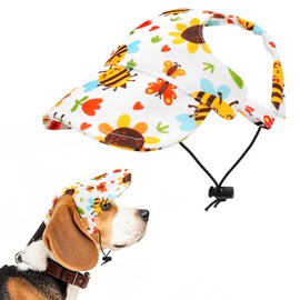 JpGdn Sun Hat for Dogs Baseball Cap for Medium Puppy Dogs Cats with Ear Holes Adjustable Drawstring Waterproof UV Protection Honey Bee White M