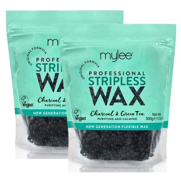 Mylee Professional Stripless Hard Wax Beads 500g, Stripless Depilatory Waxing Pellets Solid Film Beans, Painless Gentle Hair Removal of Full Body, Face & Bikini Line, (Charcoal & Green Tea Pack of 2)