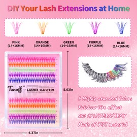 TUNOFF Colour Lash Extension Kit DIY200 pcs Colored Lash Clusters.14-16 mm Mix Five color mixed eyelash cluster kits can form a flag Colored eyelashes (14-16)
