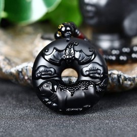 Pure Natural Obsidian Pendant Necklace Zodiac Bodhisattva Amulet Talisman 12 Modeling Men or Women