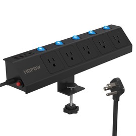 HOPOW Desk Clamp Power Strip with Individual Switches, Desktop Mount Surge Protector with 5 Outlet 4 USB (2USB C) Ports, PD20 W Fast Charging Power Station, 10 Ft Extension Cord for Home,Office, Black