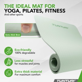 Tunturi Thick Yoga Mat 8 mm - Non-Slip Gymnastics Mat - With Carry Strap - For Yoga and Pilates - Sports Mat 183 x 61 x 0.8 cm - Harmful Substances - Especially Comfortable - Mint