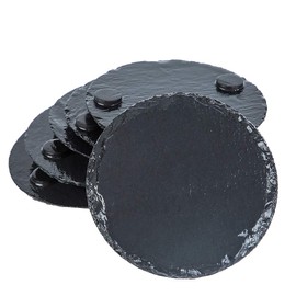 Set of 6 Rustic Round Slate Stone Drinks Coasters with Holder