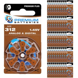 Premium Batteries Size 312, PR41, P312, ZA312 1.45V Zinc Air Hearing Aid Batteries Brown Tab (300 Batteries)