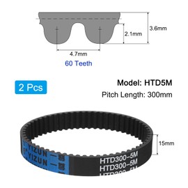 sourcing map 2pcs HTD-5M Rubber Timing Belt 60 Teeth, 300mm Pitch Length x 15mm Width x 3.6mm Height, Closed Loop Pulley Timing Belt