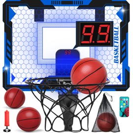 Remote Control Basketball Hoop Indoor for Kids, Over Door Basketball Hoop with Electronic Scoreboard, Mini Baskteball Hoop with 4 Balls, Storage Clip&Bag, 7 LED Light Toy Gift for Boy Girl 3+, Blue