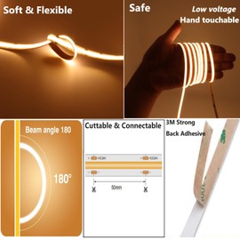 Cinlitek DC24V COB LED Strip Lights, 16.4ft Ultra High Density Tape Light, 480LED/m, 320+LM/FT, 8mm Width Dimmable LED Lighting for Indoor Home Cabinet Kitchen Decor&Commercial Use(No Power Supply)