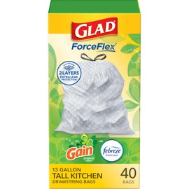 Glad® ForceFlex Bolsas de basura altas con cordón para cocina, bolsa de basura blanca de 13 galones, gana aroma original con frescura Febreze, 40 unidades (el paquete puede variar)