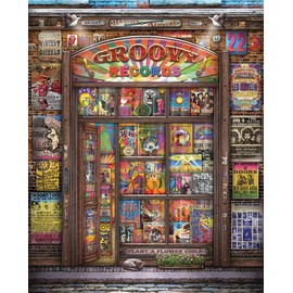 Springbok Groovy Records 1000 piece Jigsaw Puzzle for Adults features a colorful illustration of a classic record store