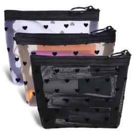 3Pcs Mini Cosmetic Bags, Heart Print Mini Zipper Mesh Bags, Lipstick Cosmetic Accessories Organizer, Zipper Mesh Cosmetic Bag for Women, Small Makeup Bag for Purse, Style 3