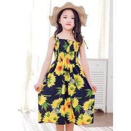 Flenwgo Girls Sunflower Dresses Floral Sleeveless Sling Beach Sundress with Necklace Sunflower Black US 11-12T